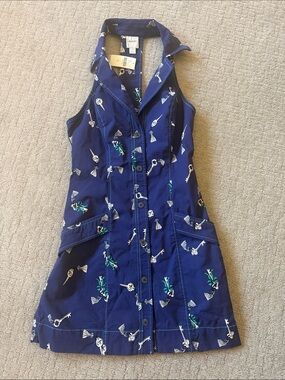 Maeve Navy Embroidered Key-Print Button-Front Dress